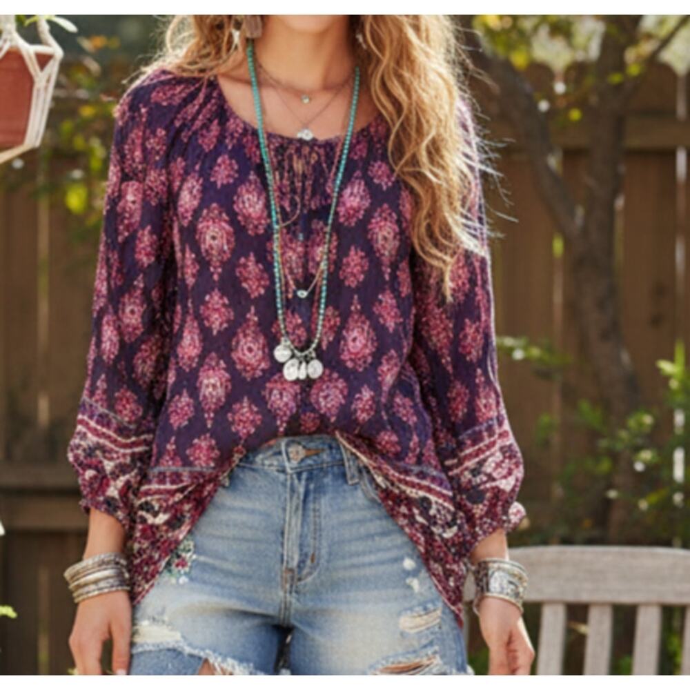 Lucky Brand Border Top Womens Small Purple Pink Paisley Boho Tie-Neck Blouse